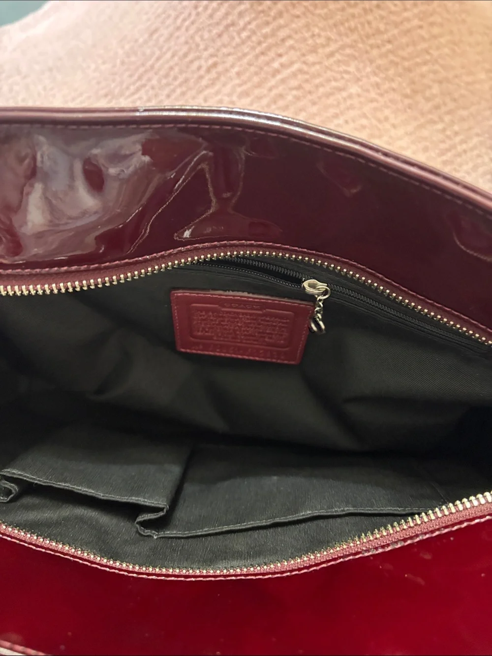 Coach Glossy Patent Leather Tote in Burgundy